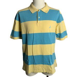 Nautica Rugby Polo Shirt M Yellow Blue Striped Cotton Short Sleeve Button Collar